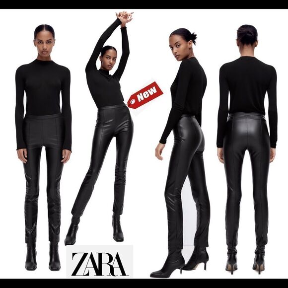 ZARA black leggings vegan faux leather high waisted side zipper size medium NWT